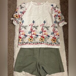 Floral Embroidered White Blouse with Green Pants